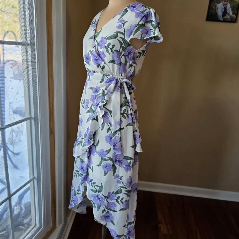 Blu Pepper White Wrap High-Low Dress with Purple Floral Print - Picture 2 of 11